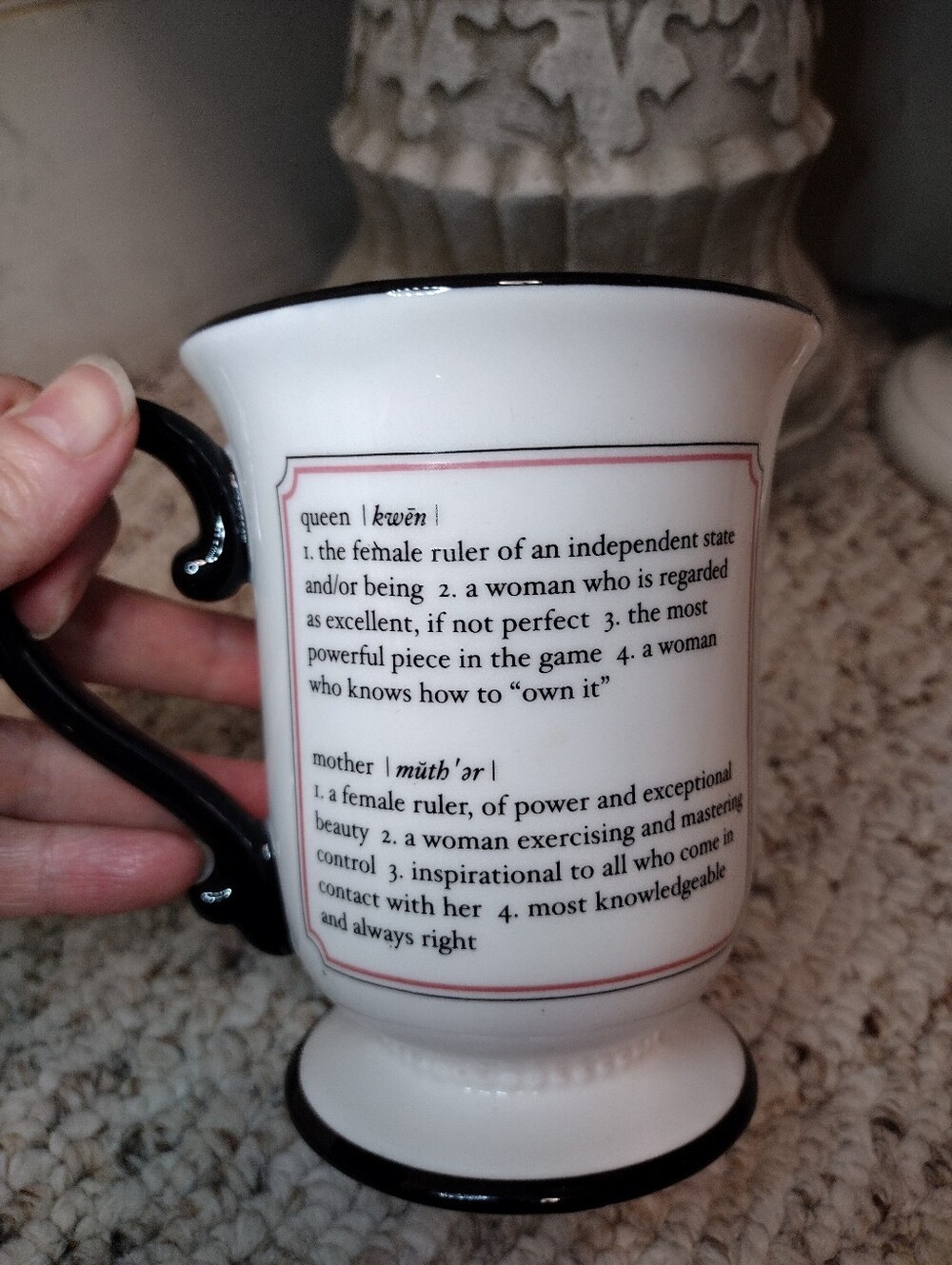 Grasslands Road "Queen Mother" Pink, White & Black Ceramic Pedestal Coffee Mug - Picture 3 of 6